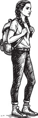 Illustration of a Young Woman with a Backpack in a Black and Whi