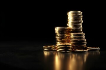 Shimmering gold coins atop a smooth black surface symbolize sleek financial growth.