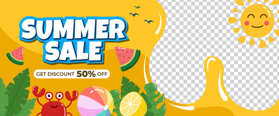 Summer Sale Banner Design Template with Flat Vector Illustration