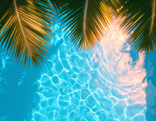Tropical palm leaves hanging over crystal clear swimming pool water