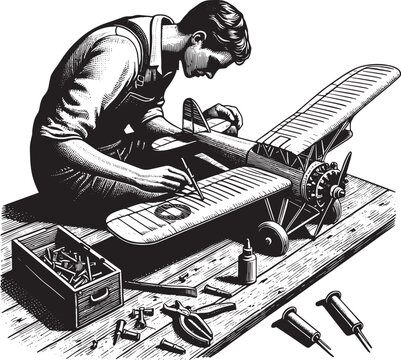Detailed woodcut of a craftsman assembling a vintage model airpl