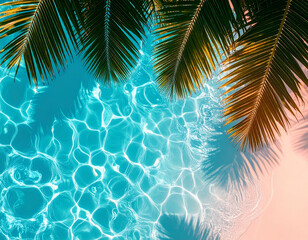 Palm tree leaves casting shadow over crystal clear swimming pool water