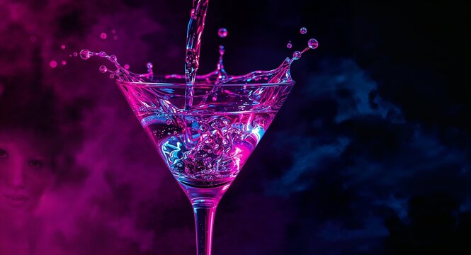 Pouring liquid into a martini glass with a splash and vibrant pink and blue lighting on a dark background - Powered by Adobe