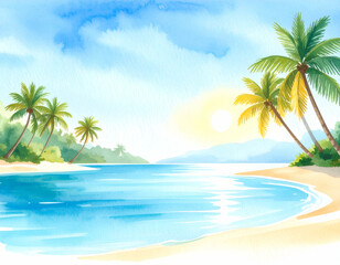 Tropical beach with palm trees and turquoise ocean during sunset watercolor painting