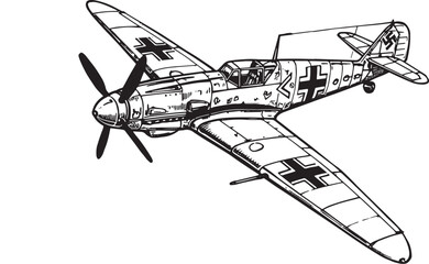 Detailed black and white illustration of a Messerschmitt Bf 109