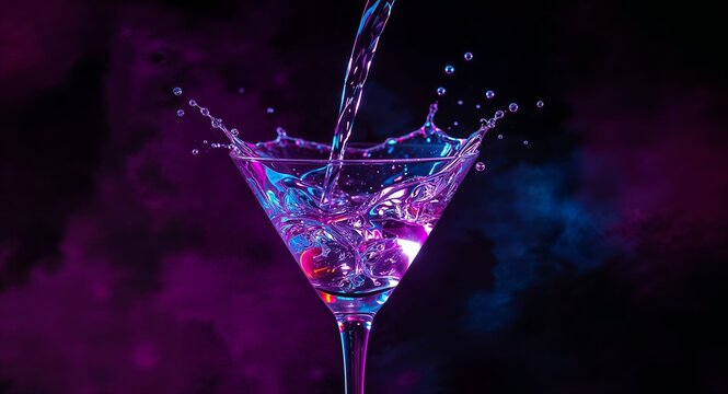Liquid being poured into a martini glass with a splash against a dark and colorful background scene