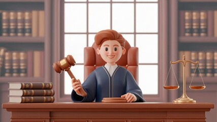 Cartoon Judge Holding Gavel in Courtroom Animation