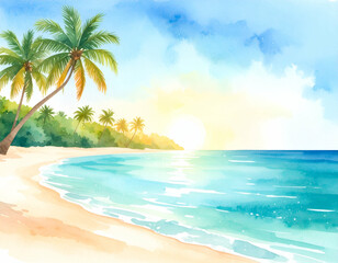 Tropical beach with palm trees at sunset illuminating the turquoise sea