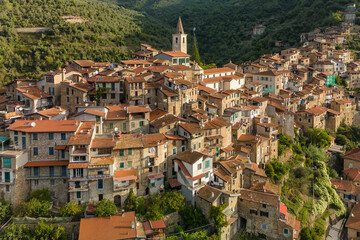 Obraz premium Aerial view of the picturesque hilltop town of Apricale, Liguria, northern Italy