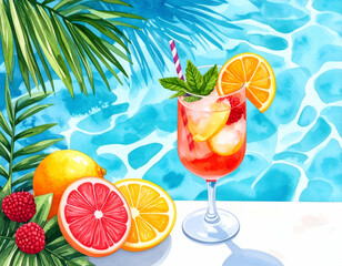 Refreshing summer cocktail with citrus fruits by the pool