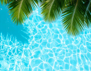 Tropical palm leaves hanging over crystal clear swimming pool water