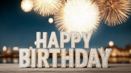 HAPPY BIRTHDAY in bold letters appears over a background of festive fireworks and colorful confetti. Perfect design for a greeting card or celebration banner. - Powered by Adobe