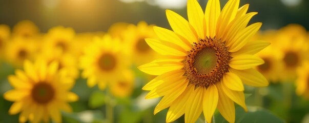 Obraz premium Sunflowers in focus, intense yellow tones, saturated background, flora, summer