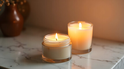 Night cream beside closed candle on marble