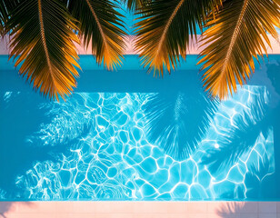 Tropical palm trees casting shadow over crystal clear swimming pool water