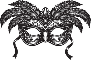 Elegant Hand-Drawn Venetian Mask with Feathers for Carnival and