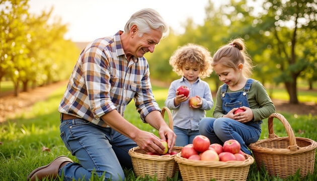 Elderly man and two children picking apples in orchard during autumn  
