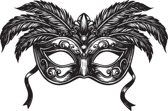 Elegant Hand-Drawn Venetian Mask with Feathers for Carnival and - Powered by Adobe