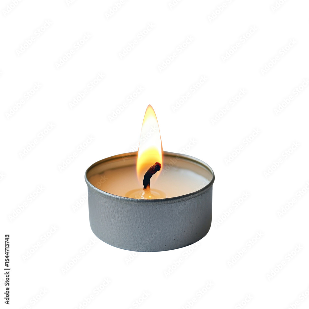 Poster lit candle in metal holder emits warm glow, creating calming atmosphere. perfect for relaxation or a