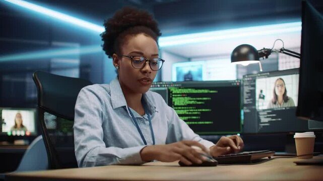 Concentrated software engineer during online meeting in futuristic office - Powered by Adobe