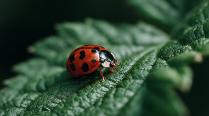 Macro Close-up of Ladybug Walking on Leaf in Forest