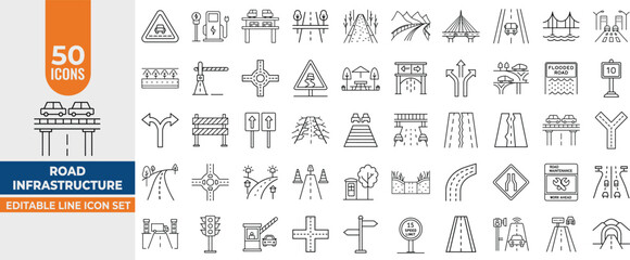 Road Infrastructure Line Icon Set &ndash; Editable Vector Icons for Highways, Construction, Traffic, Transport, Bridges, and Road Signs. Editable Stroke. Vector illustration