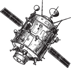 Detailed Hand-Drawn Illustration of a Space Satellite in Black a