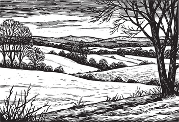 Fototapeta premium Black and white winter landscape illustration depicting snow-cov