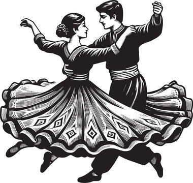 A Kurdish couple engaging in a traditional Dabke dance with flui