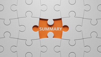 SUMMARY word written on wood The white puzzle pieces with missing pieces.3D rendering on orange background.