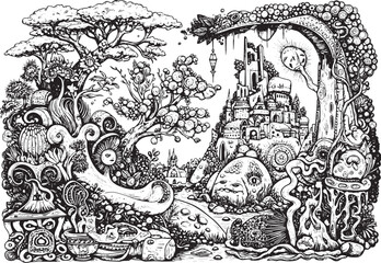 Detailed black and white fantasy illustration of a whimsical lan
