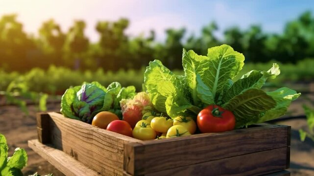 Fresh vegetables in wood box at organic farm
