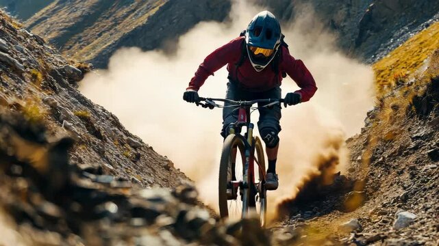 Thrilling mountain biking adventure through dusty trails with intense speed and sharp turns