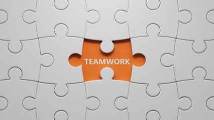 Fototapeta premium teamwork. spelling.Flat lay view from above on orange background with buttons