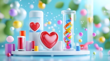 Colorful cosmetics, DNA, hearts, lab setting, product ad
