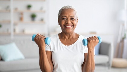 Geriatric exercise concept. Active senior woman lifting dumbbells with a smile indoors.
