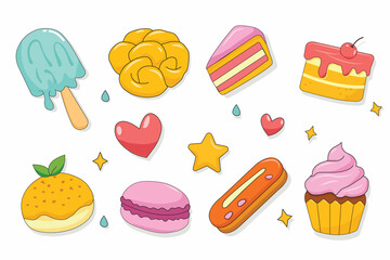 National Dessert Day sticker pack featuring ice cream, pastries, cakes, macarons, eclairs, cupcakes and chocolate.