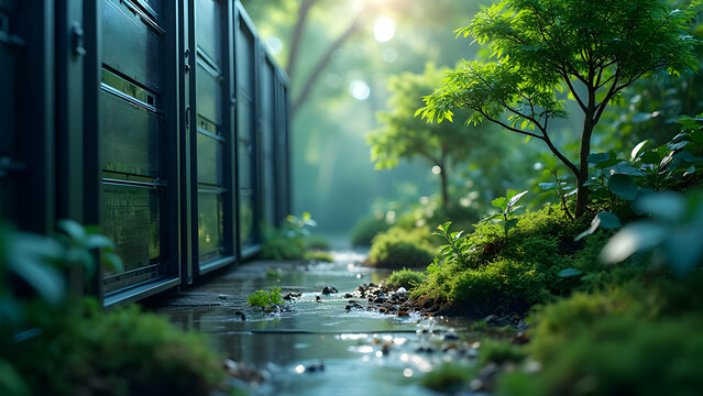 Green computing ecosystem with carbon efficient servers showcasing biodiversity monitoring and environmental data analytics