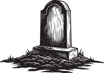 Black and white illustration of a tombstone in a grave, death co
