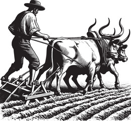 Agricultural heritage depicting a man using oxen to plow the fie