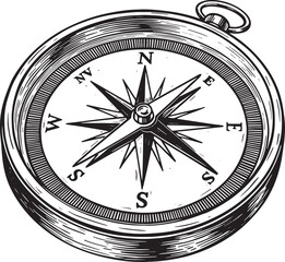 Detailed black and white illustration of a vintage compass isola