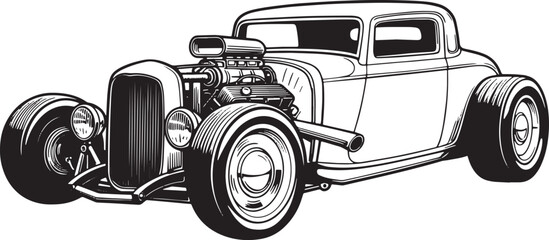 Detailed black and white illustration of a vintage hot rod car r