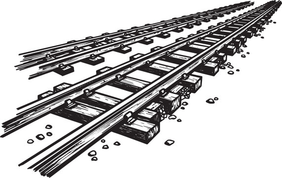 Detailed Black and White Illustration of Railroad Tracks on a Wh