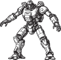 Detailed Black and White Illustration of a Futuristic Robot in a