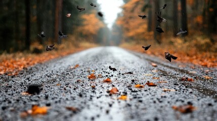 Obraz premium Rainy Autumn Road, Birds in Flight
