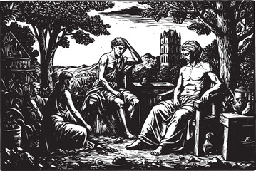 Naklejka premium Ancient Greek scene depicting discussion in a garden with archit