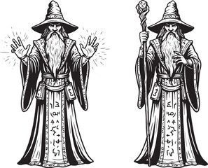Fototapeta premium Illustration of a Wizard in Two Poses with Magic, Staff, and Det