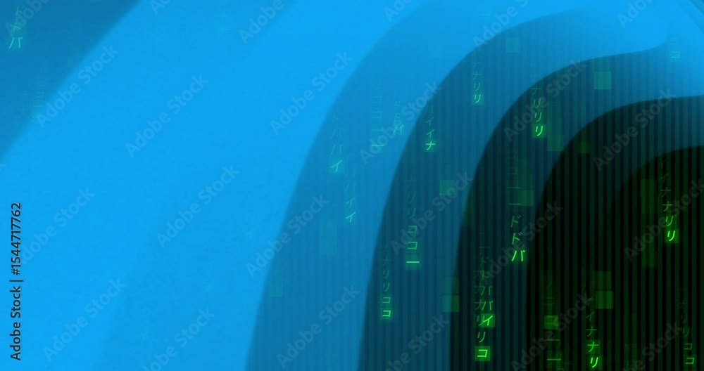 Poster starting falling green code streams as blue arcs expanding weaving fading creating tunnel effect