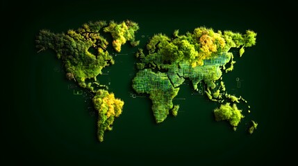 Green world map, data visualization, global ecology, dark background