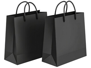 Two realistic black shopping bags isolated on a transparent background 